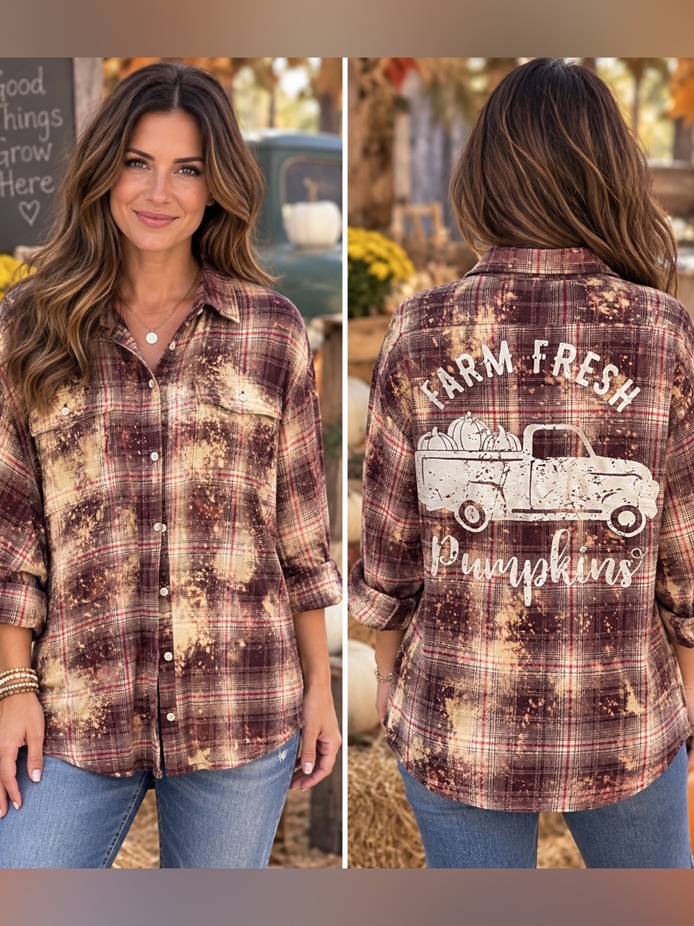 Old Navy Farm Fresh Pumpkins Distressed Plaid Flannel Shirt Fall Shacket